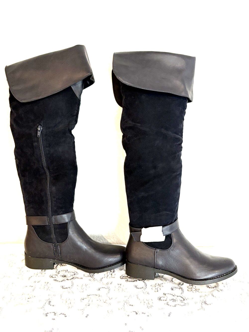 Women’s Navy Blue Knee High Boots Flat Heel Size 9 With Gold Accents